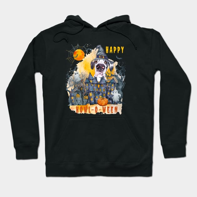 Great Dane Happy Howl-o-ween Ghost Houses Funny Watercolor Hoodie by Sniffist Gang